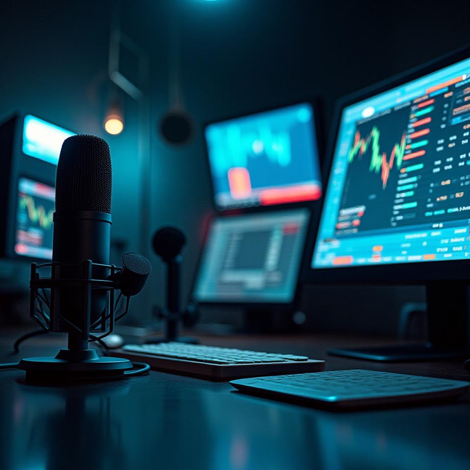 Radiosendingstudio med mikrofoner og metallmarkedsskjermer